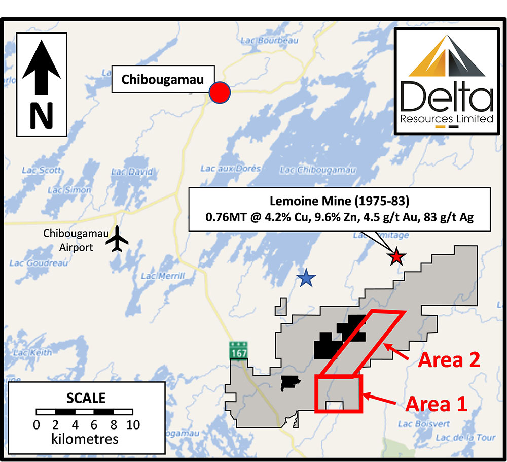 Figure 1: Areas where Delta's 2022 VMS drilling program was focussed.