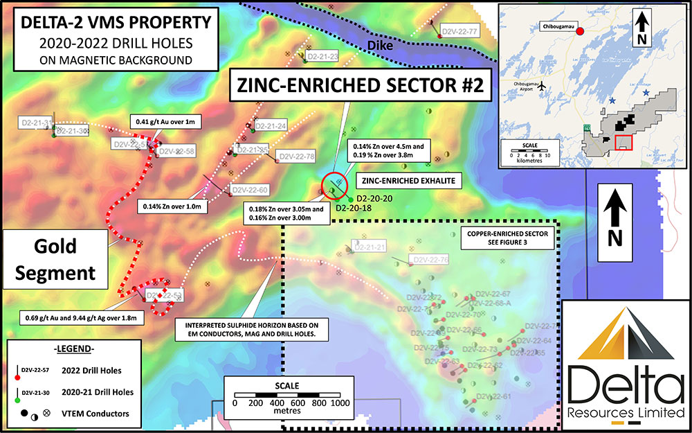 Figure 2: Map showing the Gold-Enriched area and Zinc-Enriched Area #2 at Delta-2.