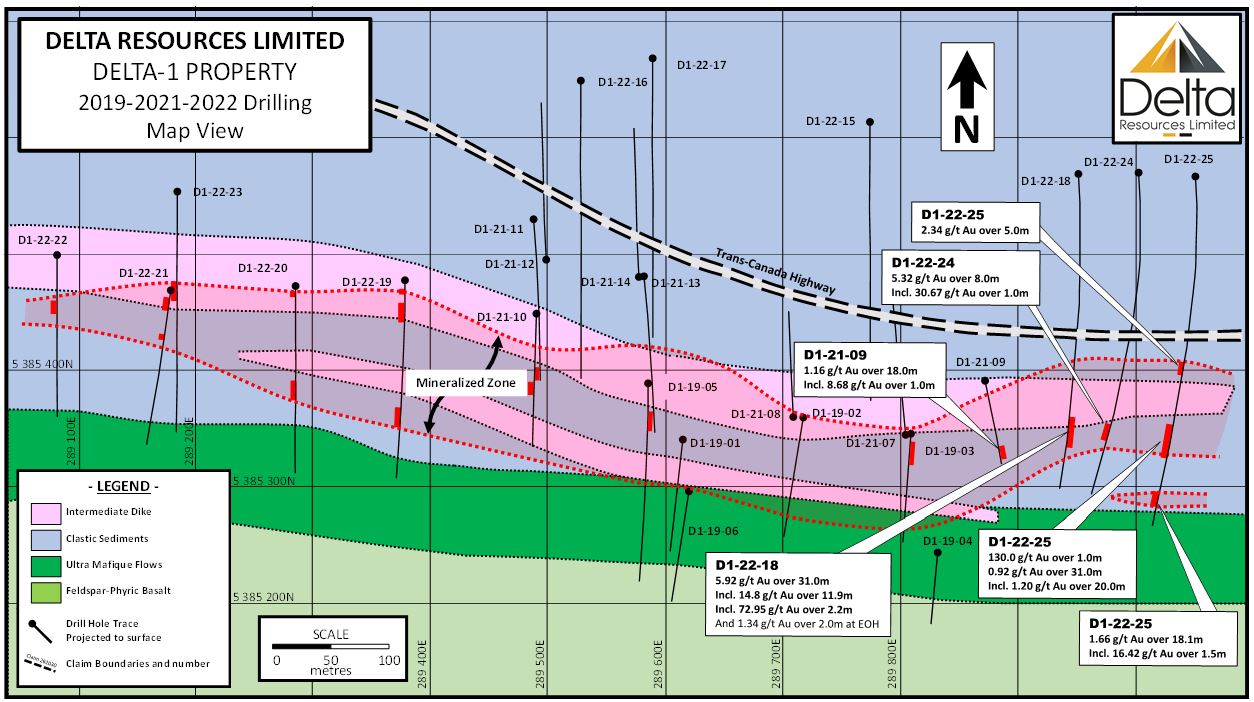 Geology map showing locations of all drill holes